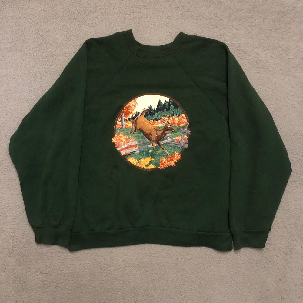 Vtg Tultex Deer Graphic Sweatshirt Mens 2XL Green Hunting Nature Raglan Crewneck